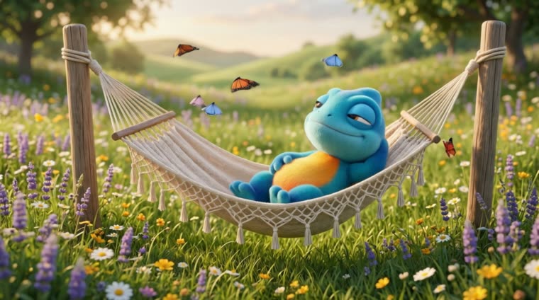 Cam relaxing in a hammock in a sunlit wildflower meadow