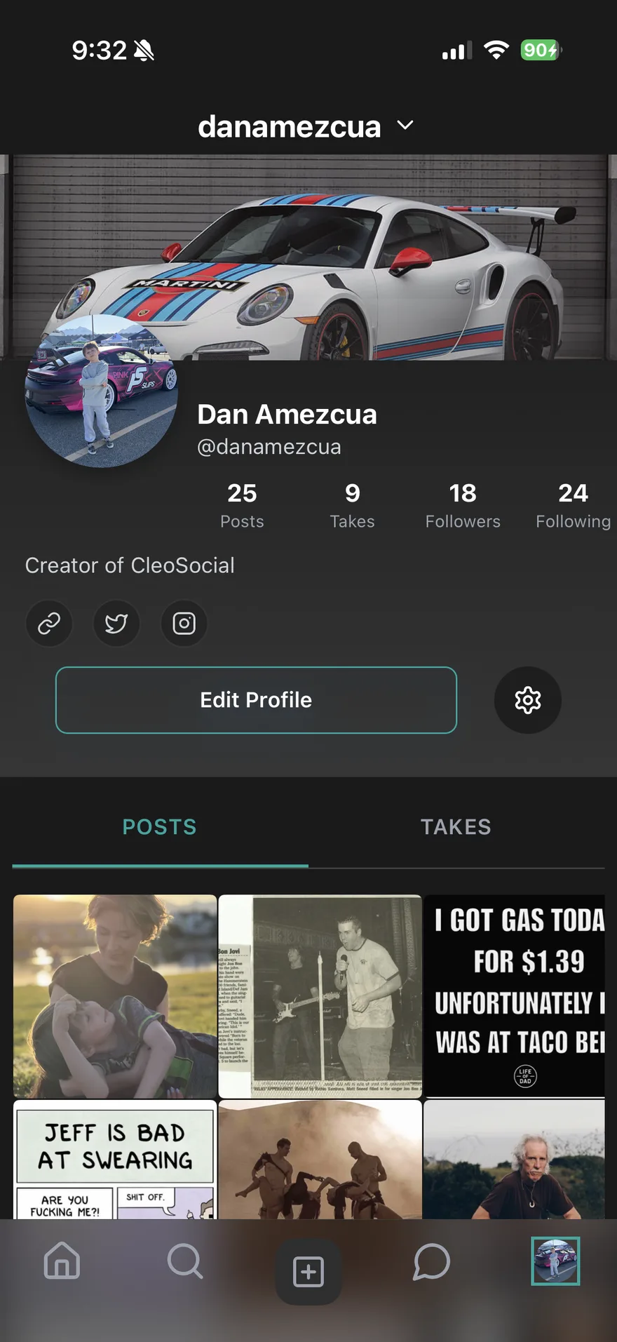 CleoSocial profile with posts grid