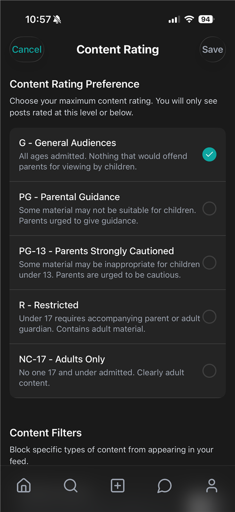 CleoSocial content rating preferences